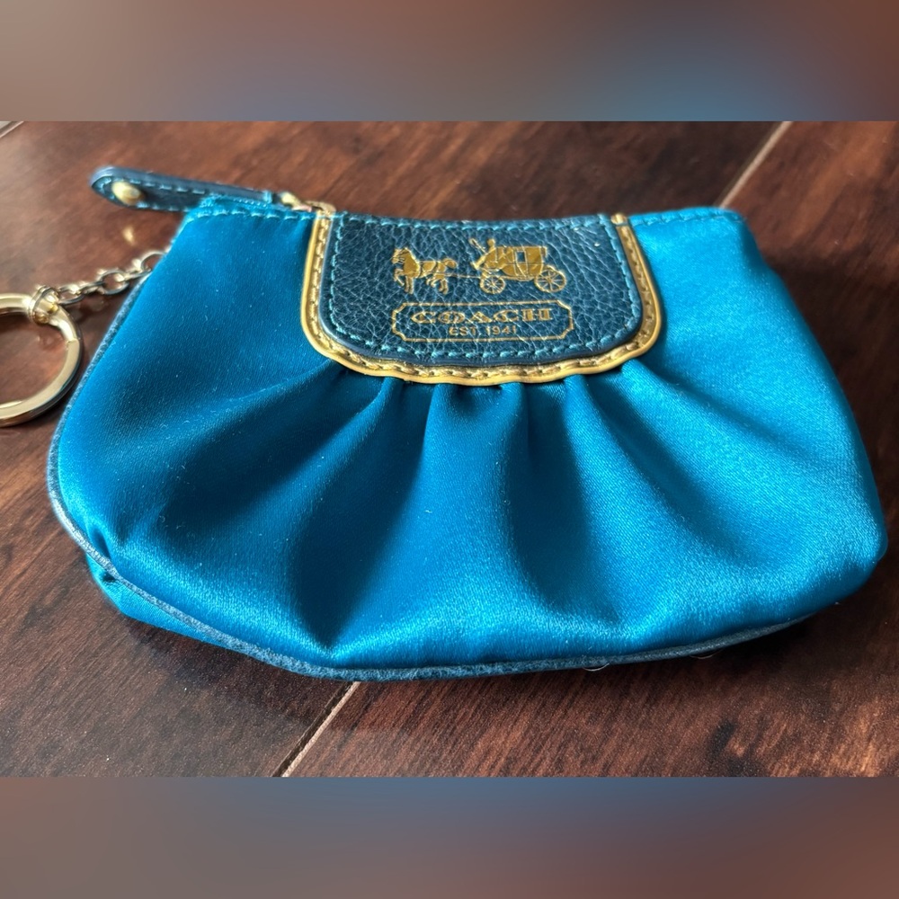 Coach Amanda Teal Satin Mini Skinny Zip Coin Purse - Picture 5 of 8
